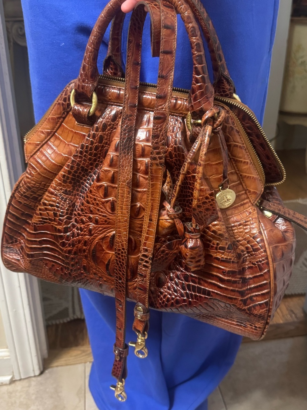 Brahma Cognac Croc-Embossed Leather Satchel